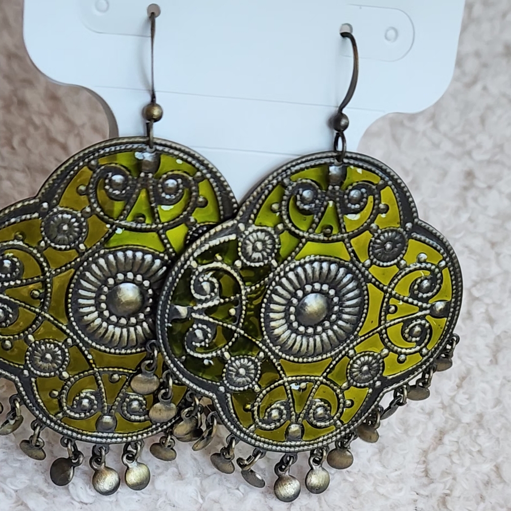 Elegant Oxidized  and Green Filigree Earrings